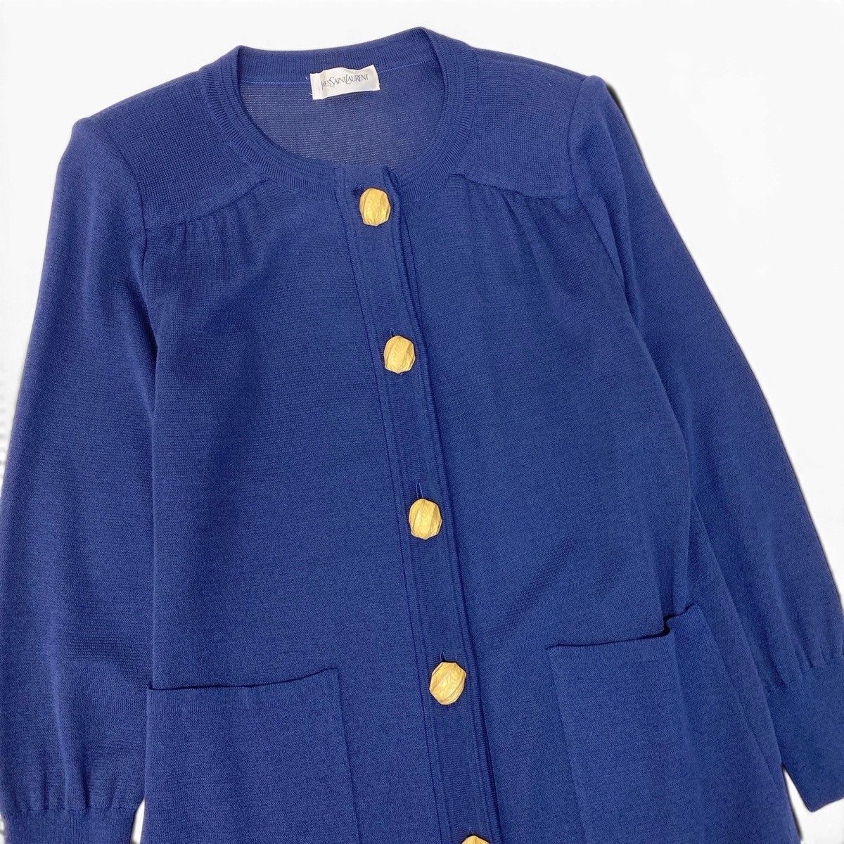 Saint Laurent Knit Coat Long Cardigan Gold Button M Navy — view 4