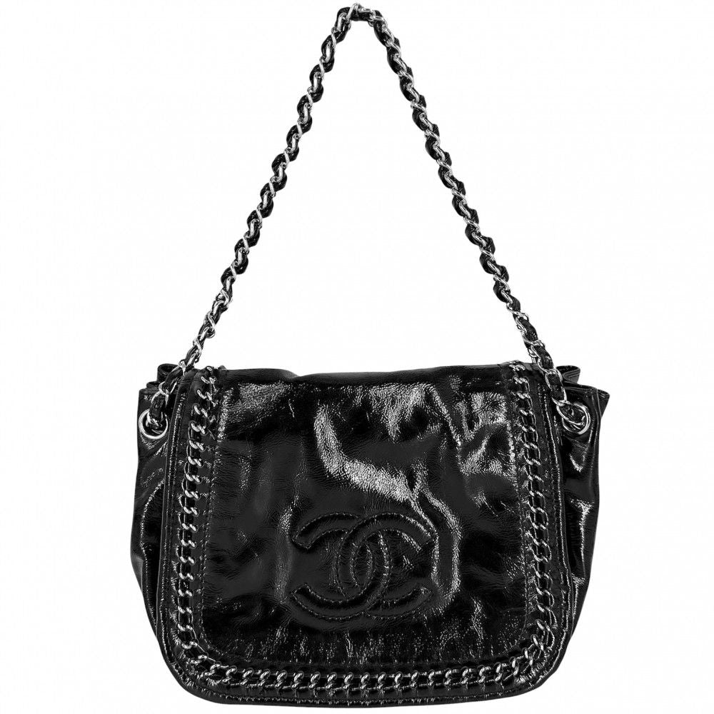 Chanel Shoulder Bag CC Logo Chain Bag Patent Patent Leather Black Silver