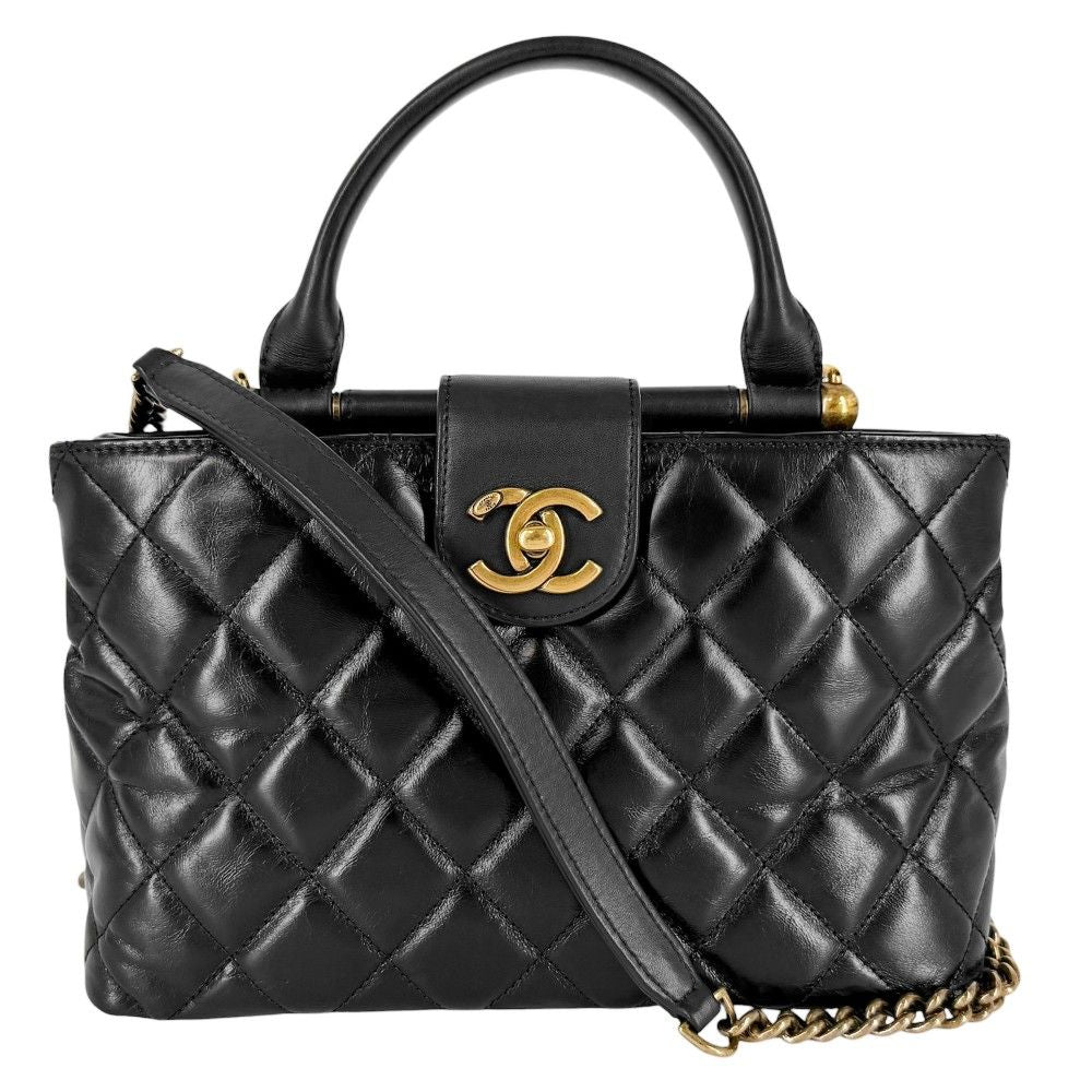 Chanel 2-Way Quilted Turnlock Shoulder Bag Crossbody CC Logo Leather Black