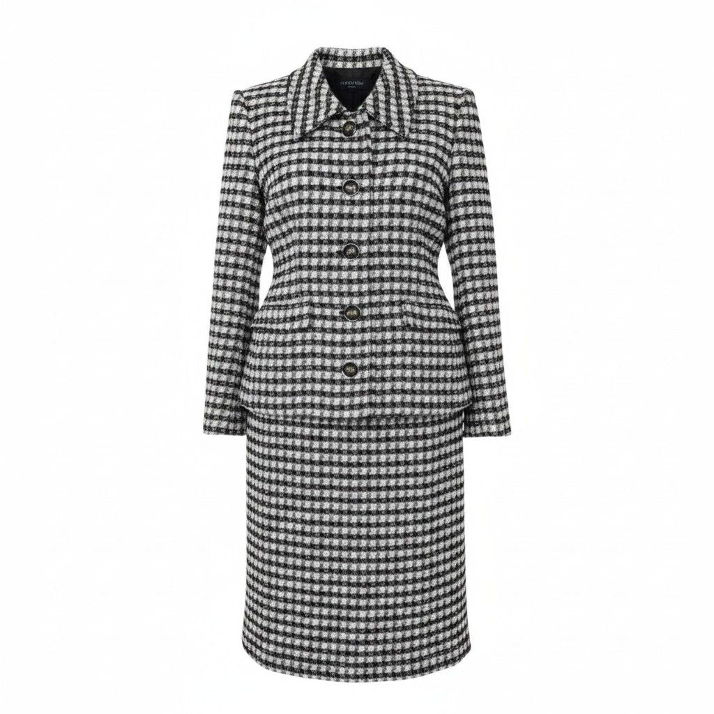 Saint Laurent Set Skirt Tweed Jacket YSL Logo Button 40 Black Ivory