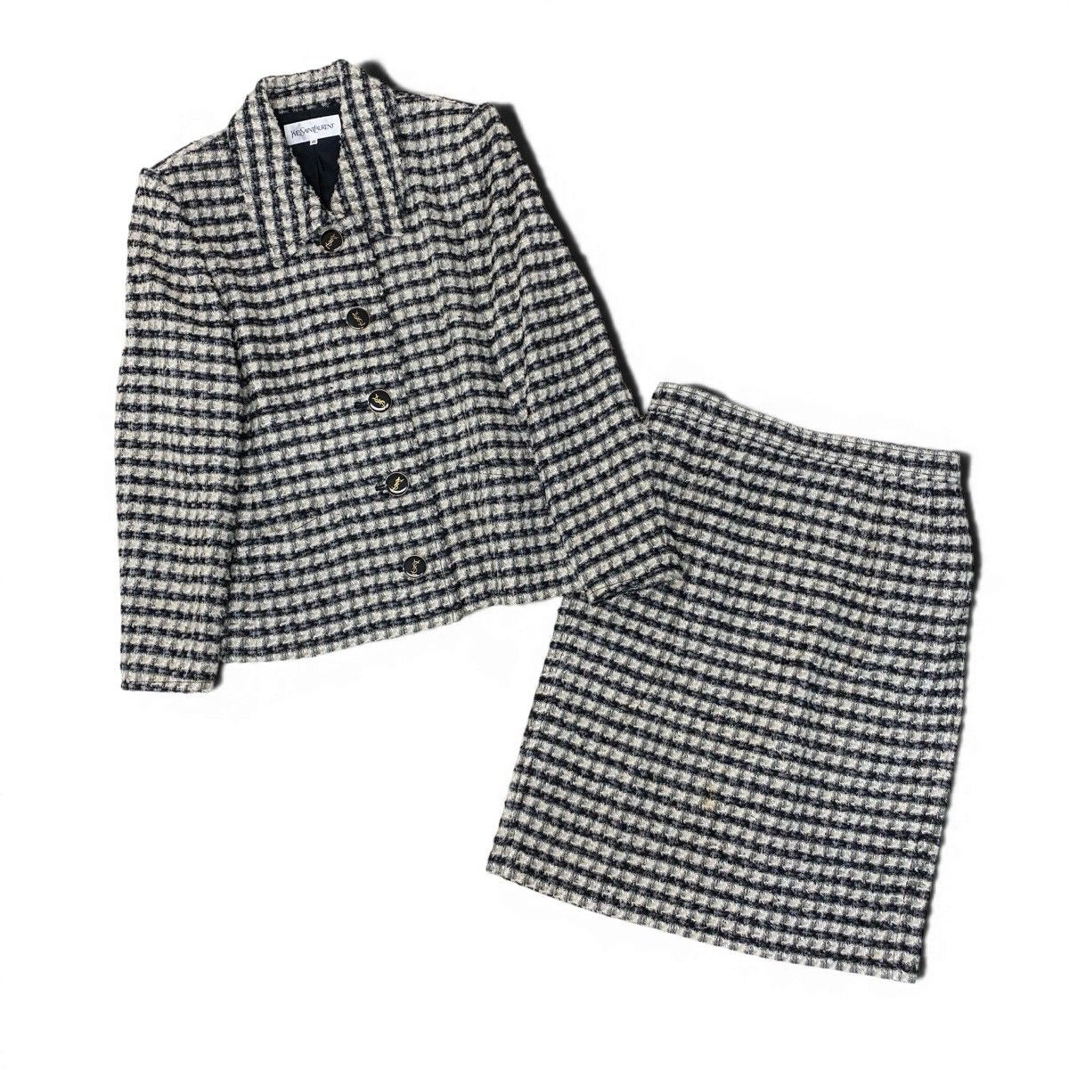 Saint Laurent Set Skirt Tweed Jacket YSL Logo Button 40 Black Ivory — view 3