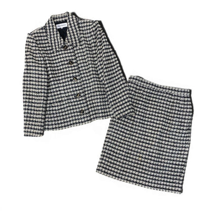 Saint Laurent Set Skirt Tweed Jacket YSL Logo Button 40 Black Ivory — view 3