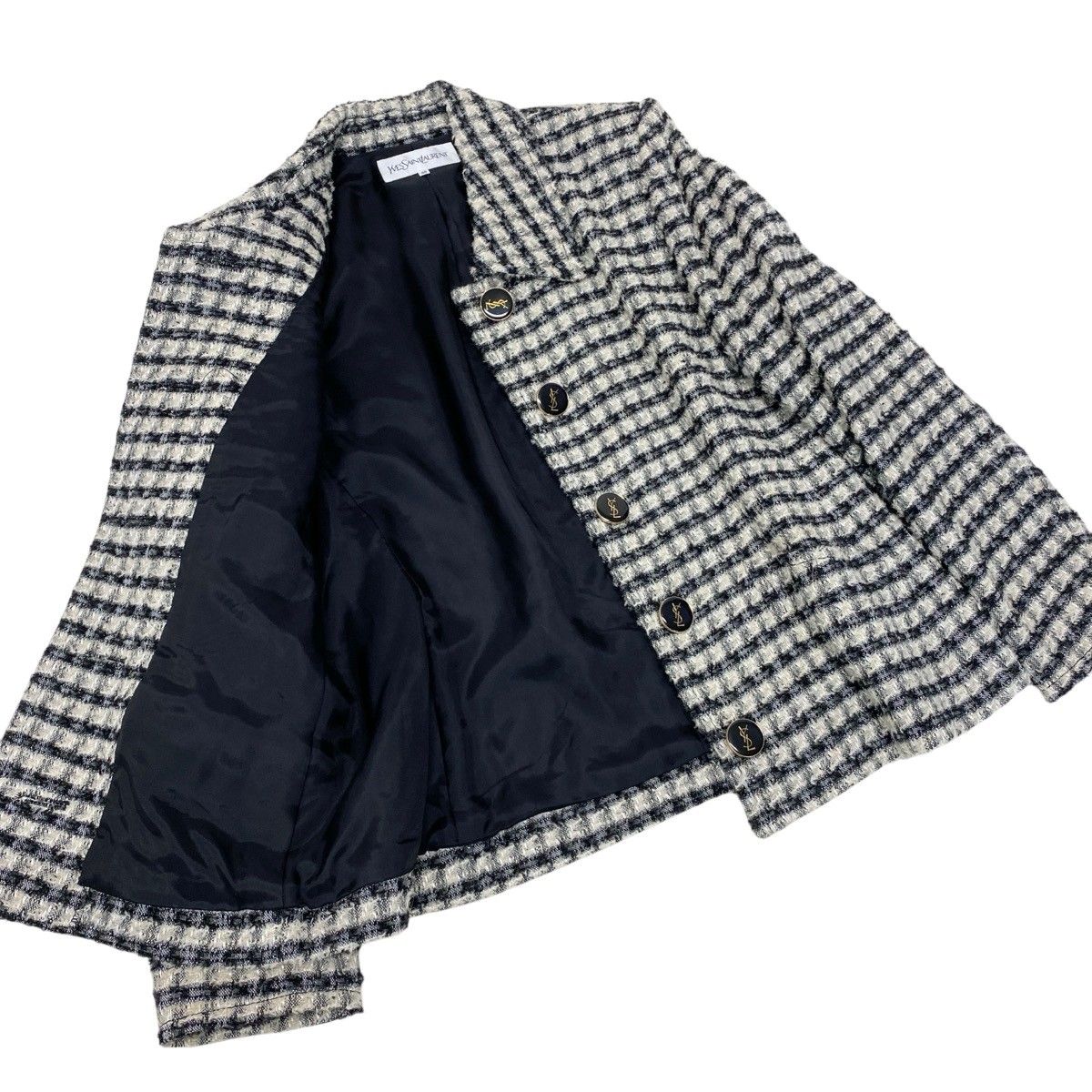 Saint Laurent Set Skirt Tweed Jacket YSL Logo Button 40 Black Ivory — view 5