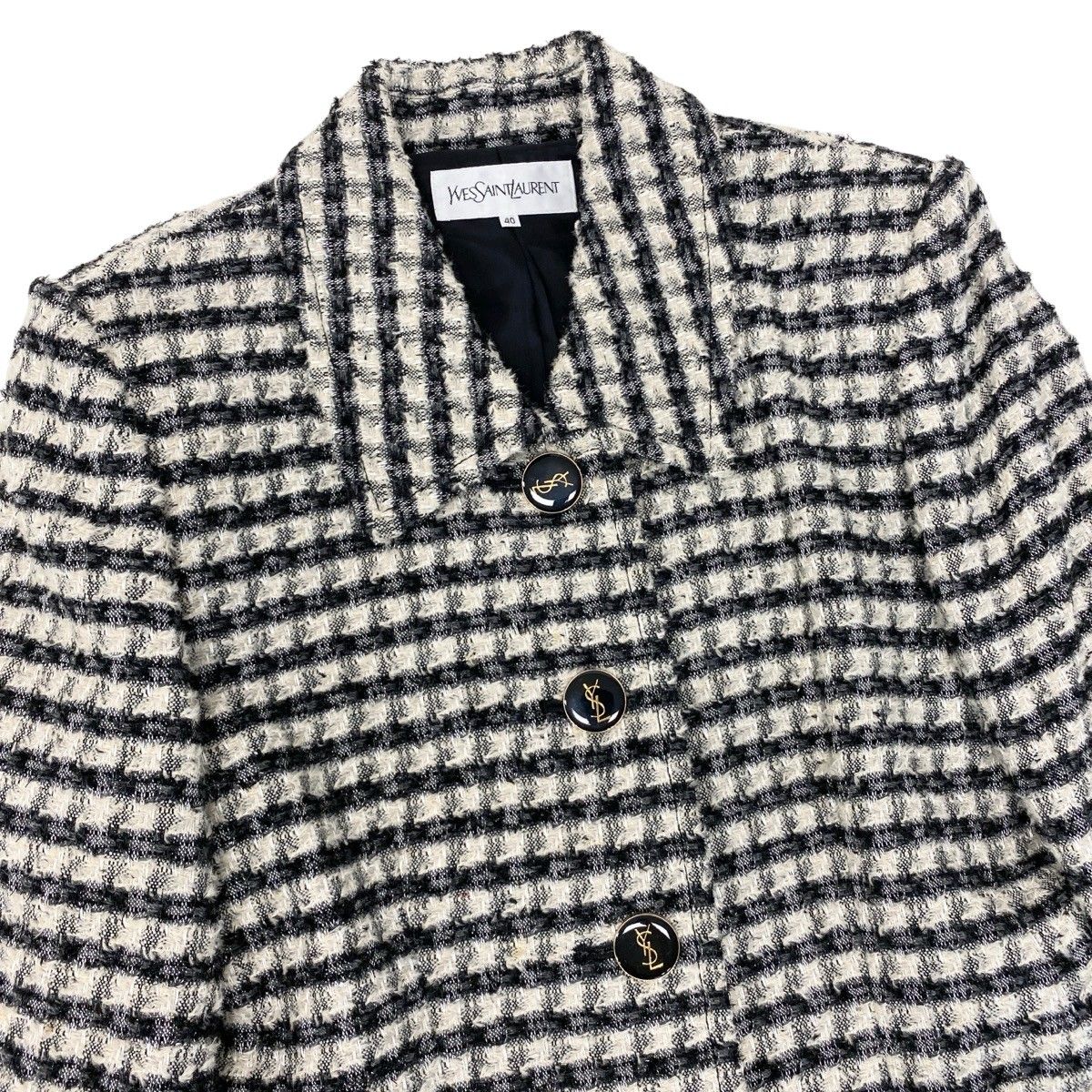 Saint Laurent Set Skirt Tweed Jacket YSL Logo Button 40 Black Ivory — view 6