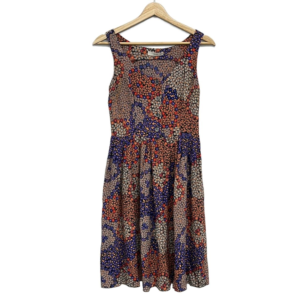 Prada Dress 40 M Blue Red Multi Crew Neck Sleeveless Knee Length Silk Floral