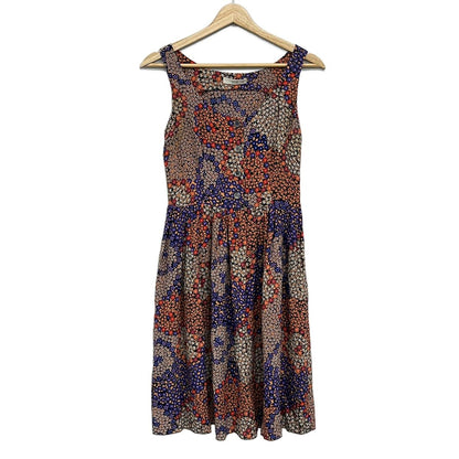 Prada Dress 40 M Blue Red Multi Crew Neck Sleeveless Knee Length Silk Floral