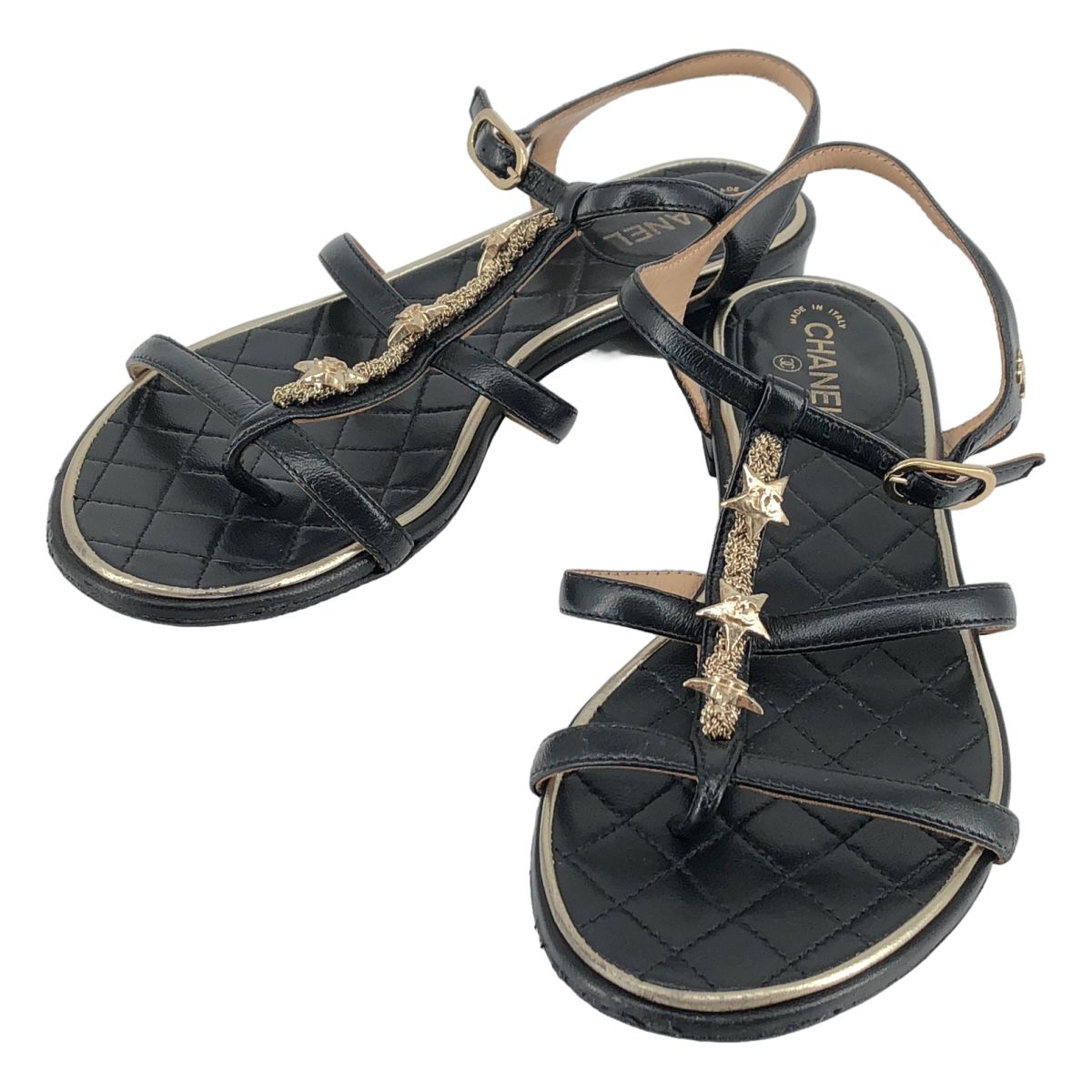 Chanel CC Logo Star Strap Sandals Black Gold 35
