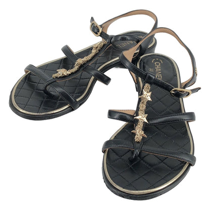 Chanel CC Logo Star Strap Sandals Black Gold 35