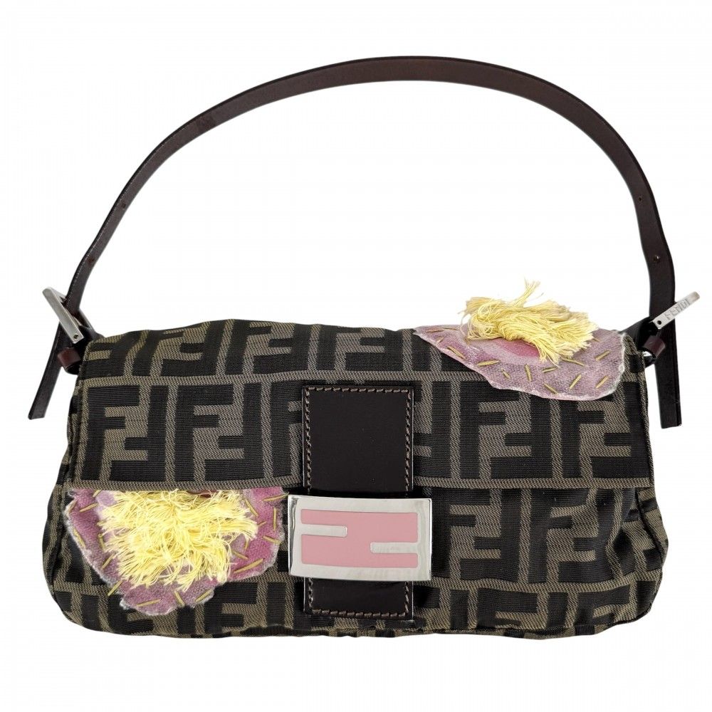 Fendi Handbag Mamma Bucket Floral Embroidery Shoulder Nylon Canvas Brown Pink