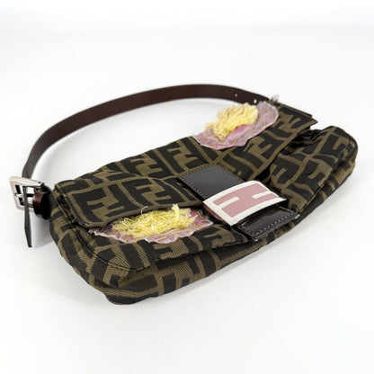 Fendi Handbag Mamma Bucket Floral Embroidery Shoulder Nylon Canvas Brown Pink — view 3