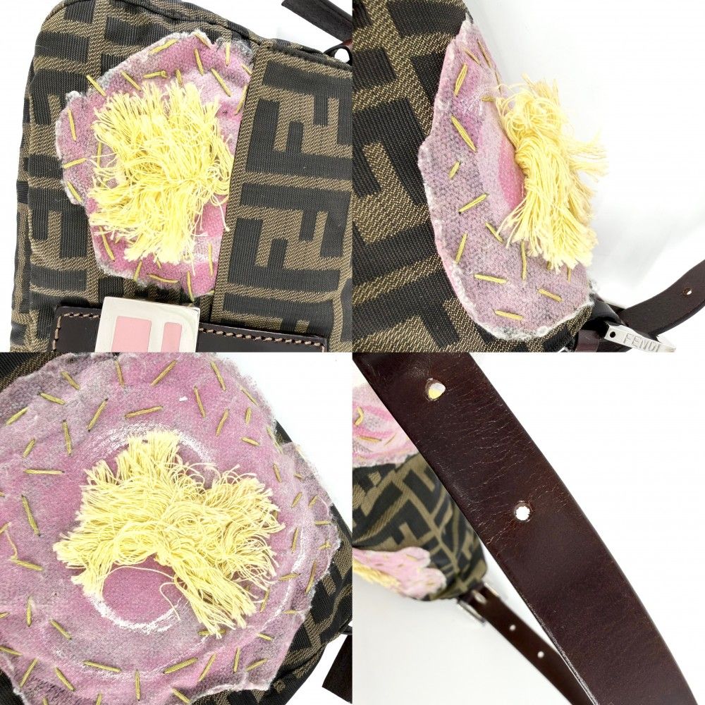 Fendi Handbag Mamma Bucket Floral Embroidery Shoulder Nylon Canvas Brown Pink — view 7