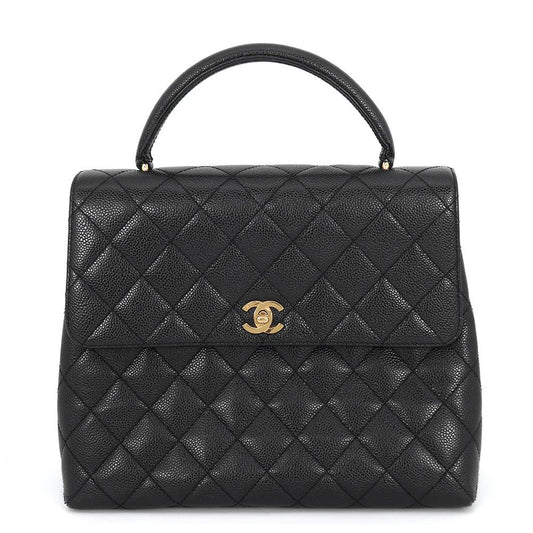 Chanel Handbag Quilted CC Logo Caviar Leather Handle Bag Black
