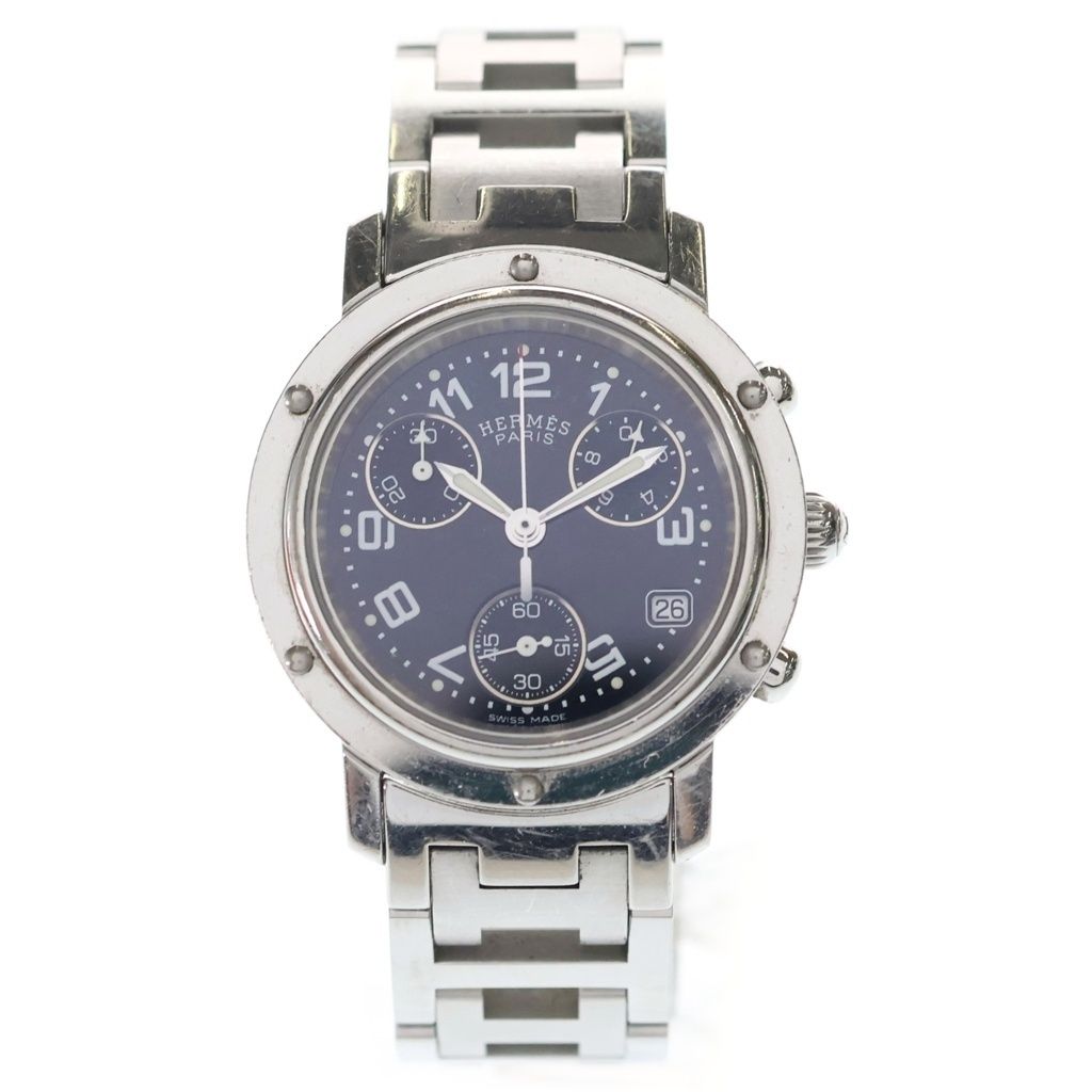 Hermes Clipper Chronograph SS Quartz Stainless Watch Black Dial