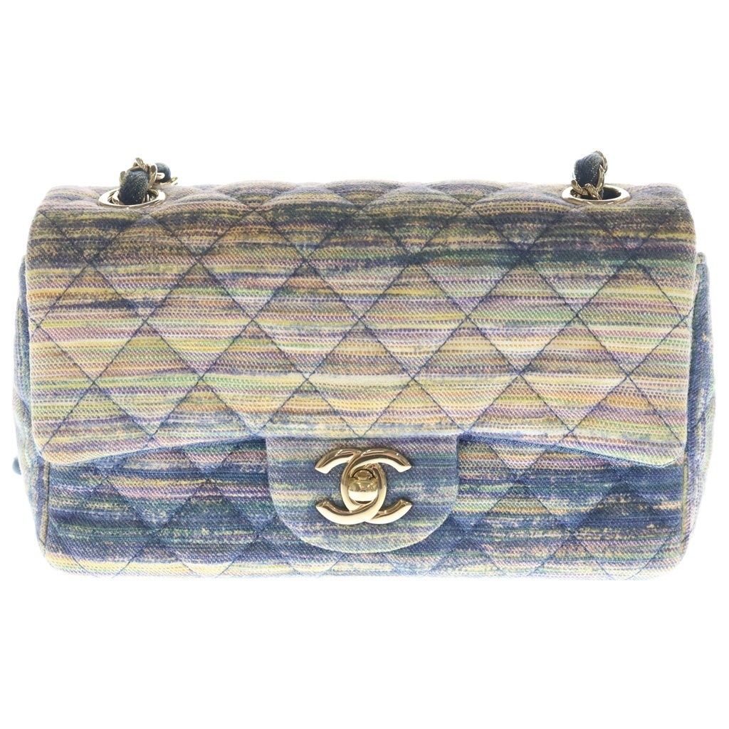 Chanel Mini Quilted Chain Shoulder Bag Back Single Flap Denim Multicolor Navy