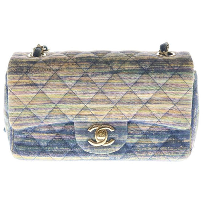 Chanel Mini Quilted Chain Shoulder Bag Back Single Flap Denim Multicolor Navy