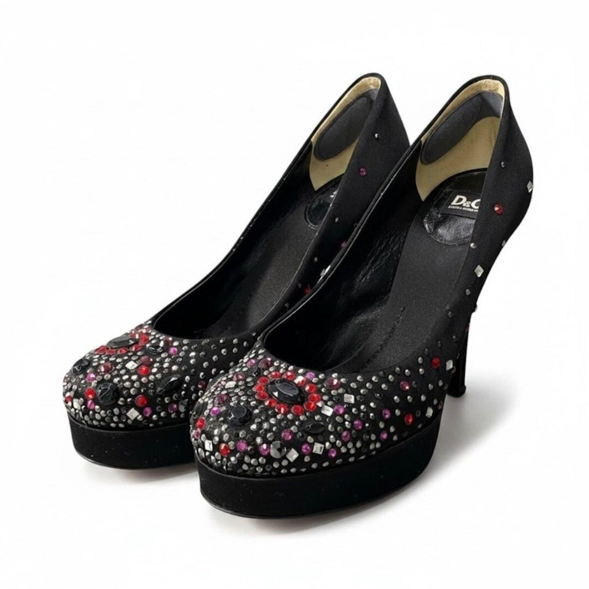 Dolce & Gabbana Rhinestone Pumps Black Satin Heels