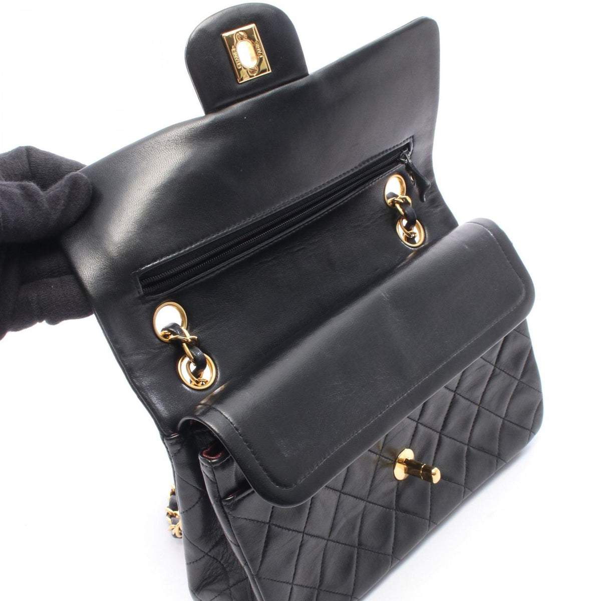 Chanel Shoulder Bag Quilted Double Flap Black Lambskin Chain — view 8