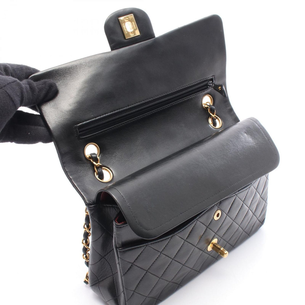 Chanel Shoulder Bag Quilted Double Flap Black Lambskin Chain — view 7