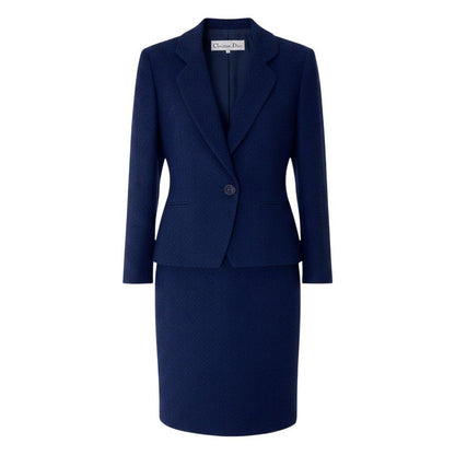 Dior Set Skirt Suit Herringbone Pattern 11 Navy Wool