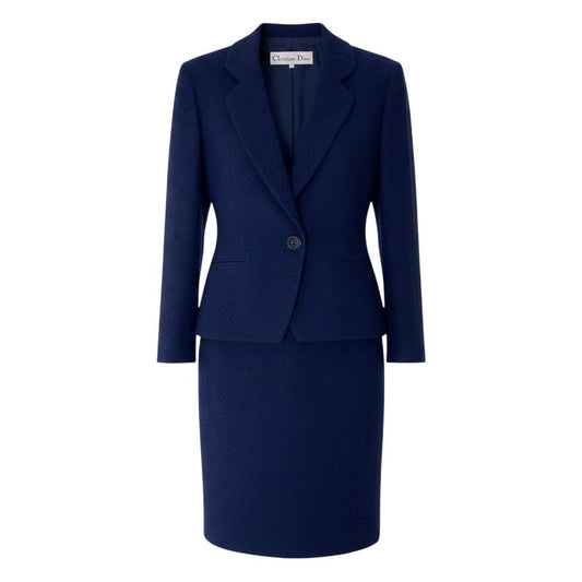 Dior Set Skirt Suit Herringbone Pattern 11 Navy Wool