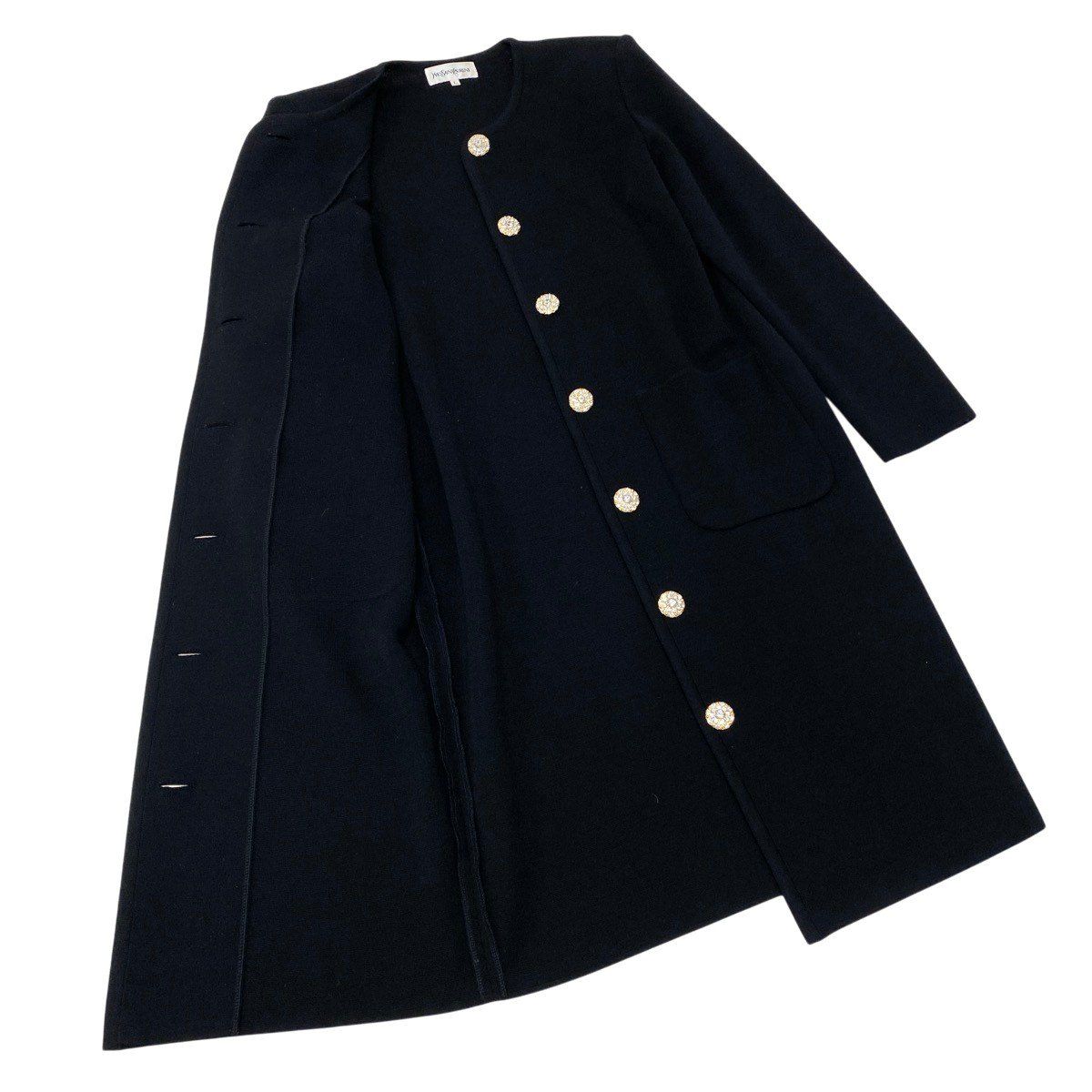 Saint Laurent Color Knit Coat Bijou Button Long L Black Wool — view 4