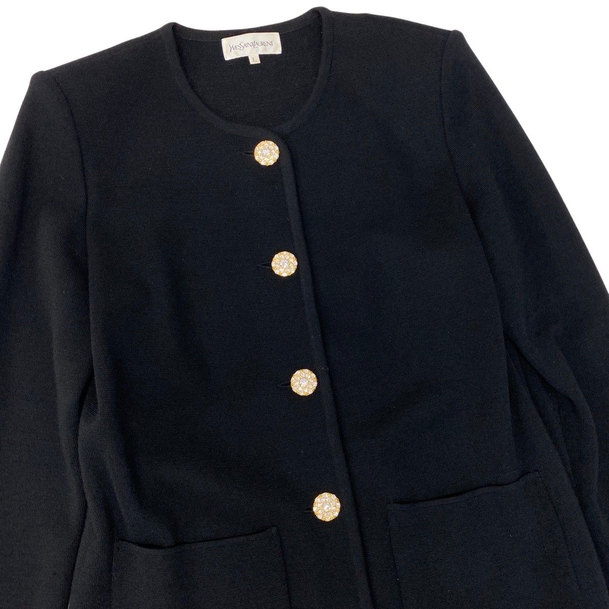 Saint Laurent Color Knit Coat Bijou Button Long L Black Wool — view 5