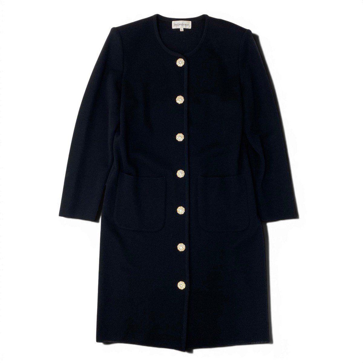 Saint Laurent Color Knit Coat Bijou Button Long L Black Wool — view 2