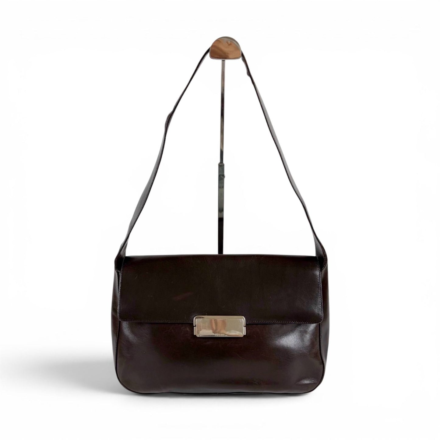 Prada Mirror Calf Leather Shoulder Bag Hobo Dark Brown Cobra Buckle Silver