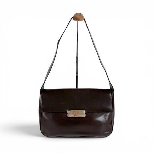 Prada Mirror Calf Leather Shoulder Bag Hobo Dark Brown Cobra Buckle Silver