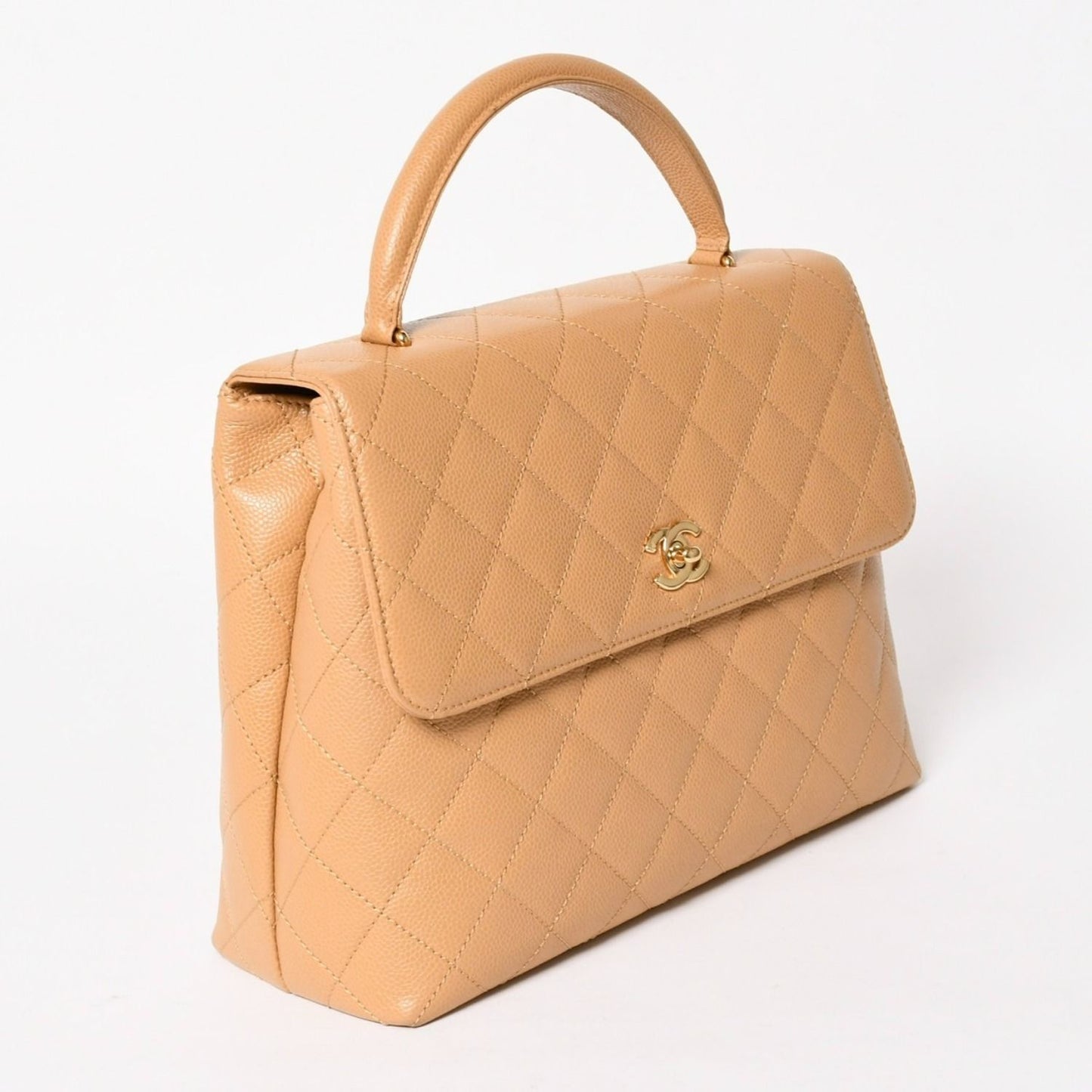 Chanel Top Handle Bag Handbag CC Logo Quilted Caviar Leather Beige Gold — view 3