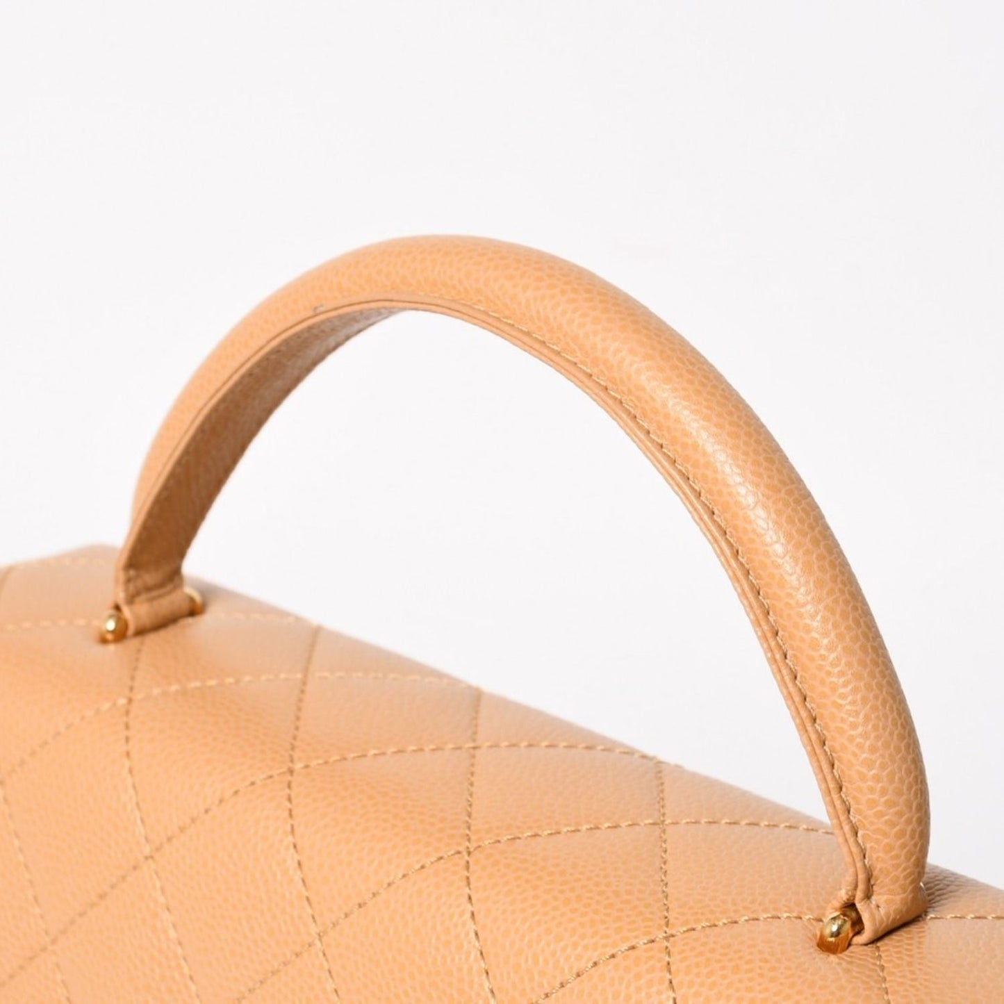 Chanel Top Handle Bag Handbag CC Logo Quilted Caviar Leather Beige Gold — view 5