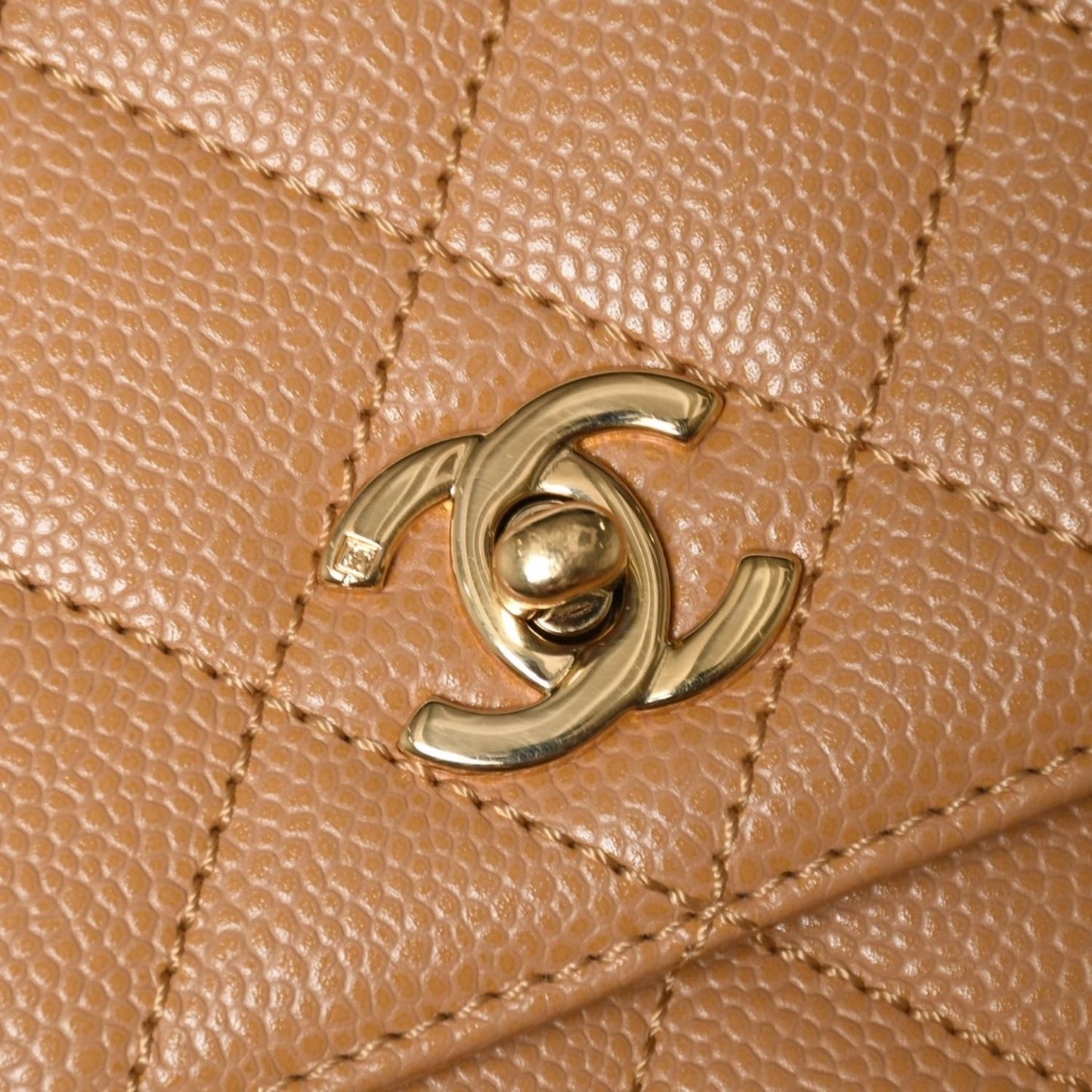 Chanel Top Handle Bag Handbag CC Logo Quilted Caviar Leather Beige Gold — view 8