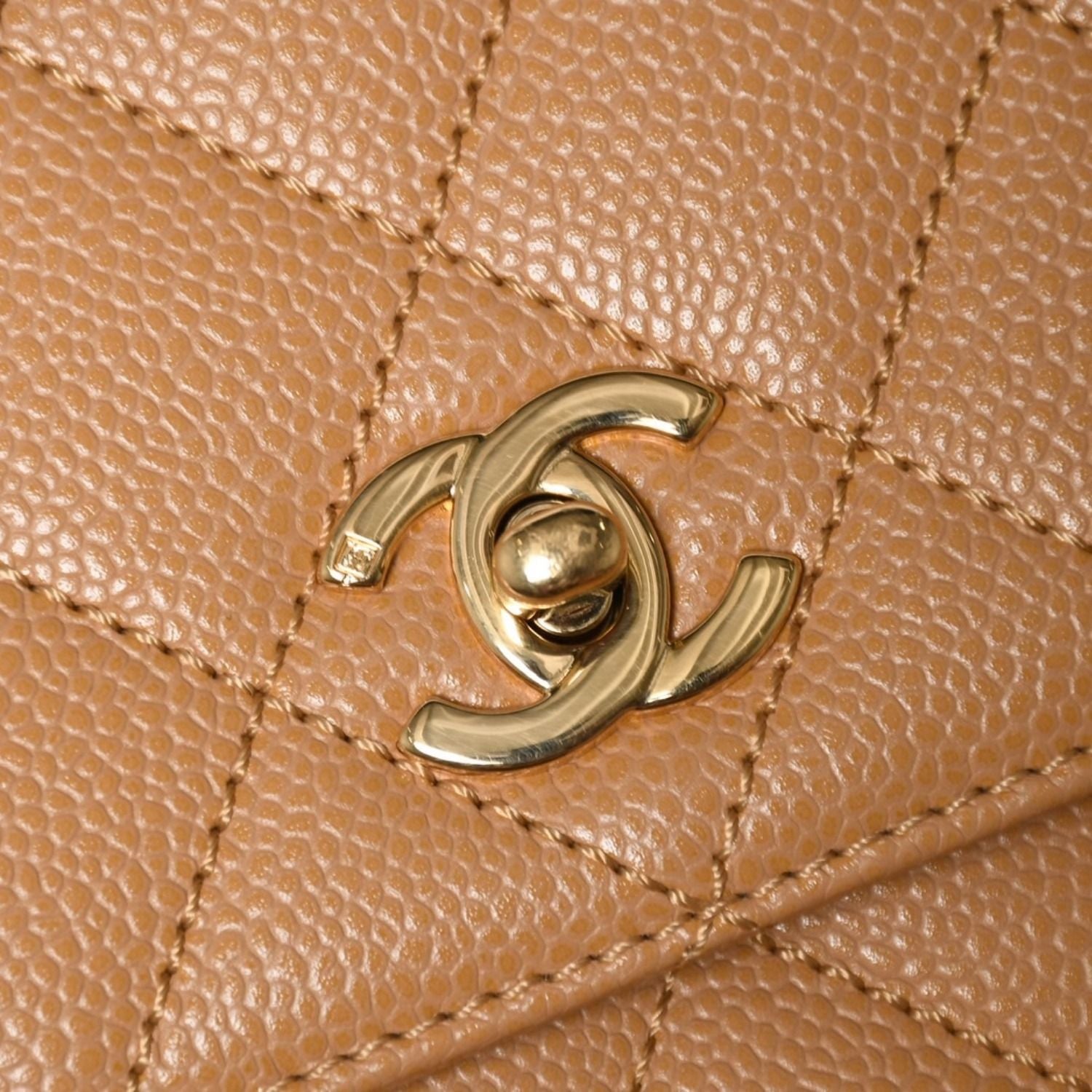 Chanel Top Handle Bag Handbag CC Logo Quilted Caviar Leather Beige Gold — view 8