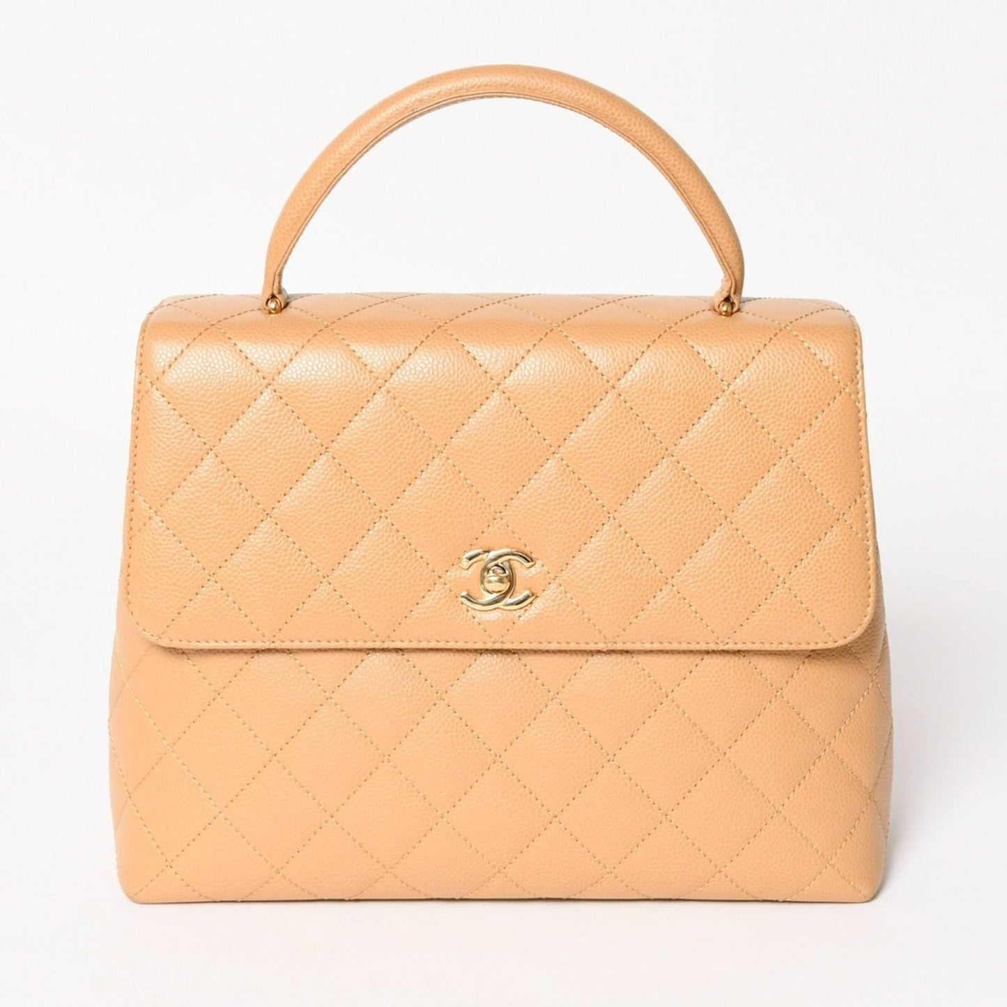 Chanel Top Handle Bag Handbag CC Logo Quilted Caviar Leather Beige Gold