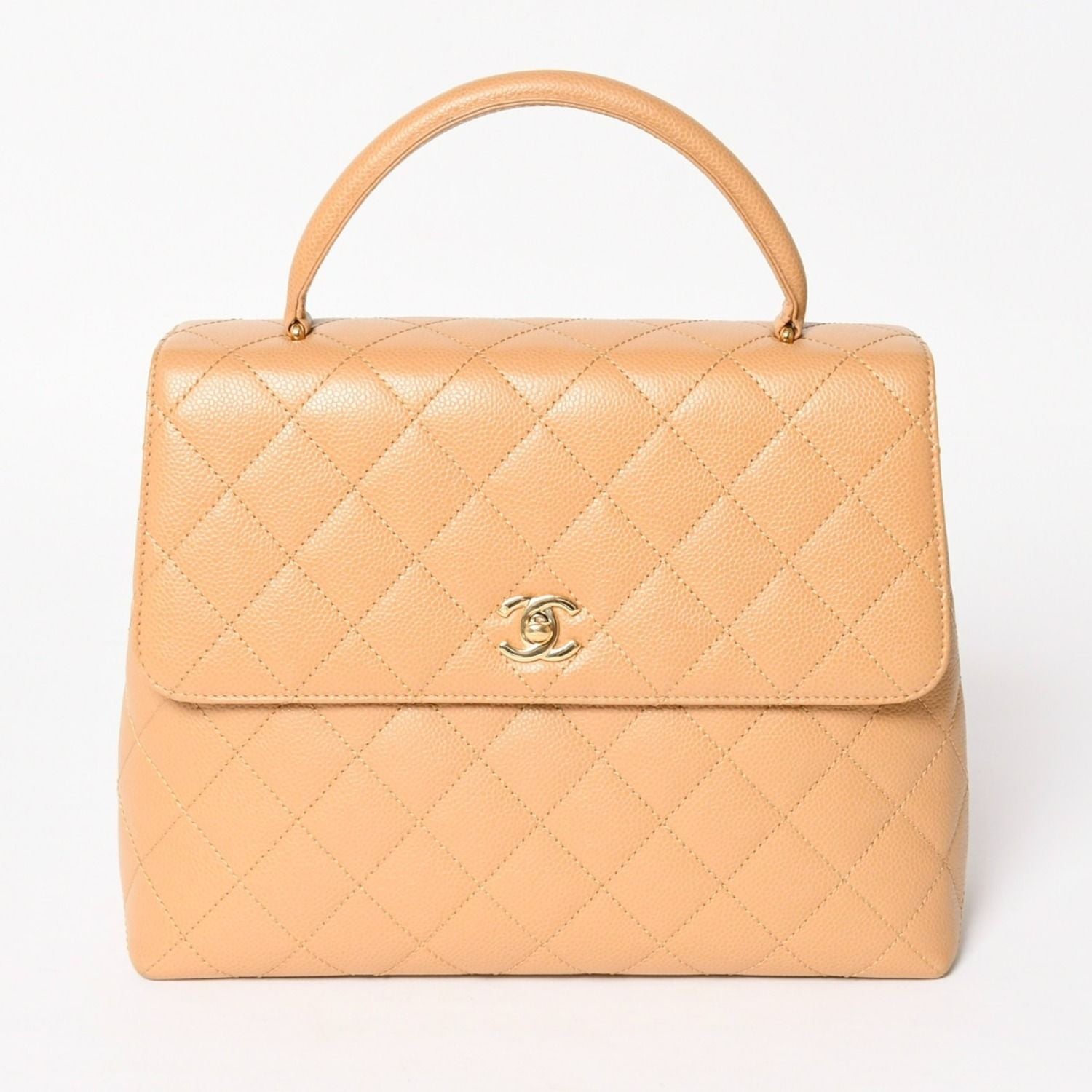 Chanel Top Handle Bag Handbag CC Logo Quilted Caviar Leather Beige Gold