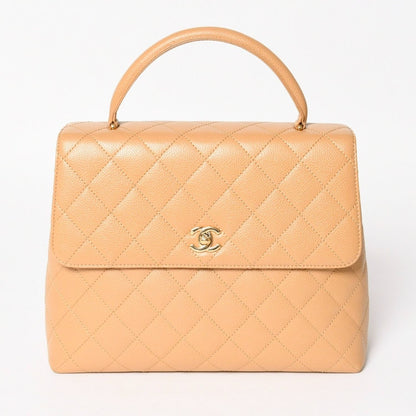 Chanel Top Handle Bag Handbag CC Logo Quilted Caviar Leather Beige Gold