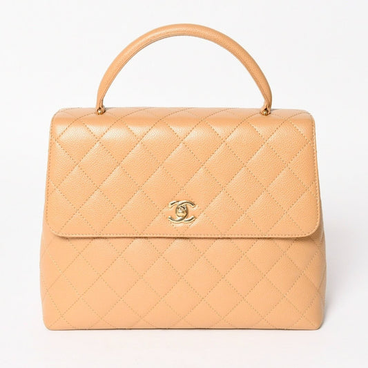 Chanel Top Handle Bag Handbag CC Logo Quilted Caviar Leather Beige Gold