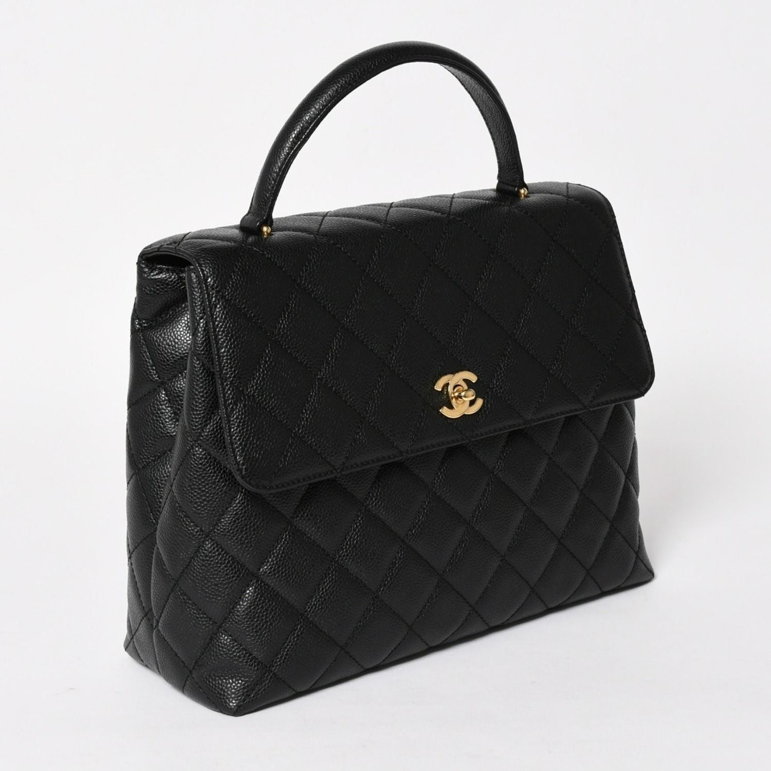 Chanel Quilted CC Logo CC Handbag Top Handle Turnlock Caviar Leather Black Gold — view 3
