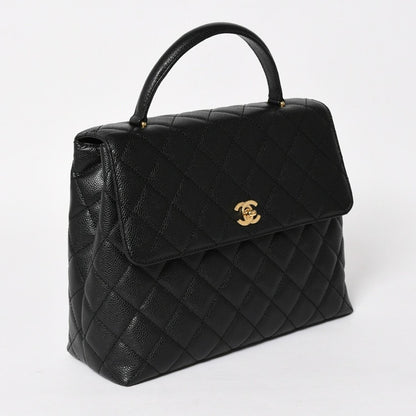 Chanel Quilted CC Logo CC Handbag Top Handle Turnlock Caviar Leather Black Gold — view 3