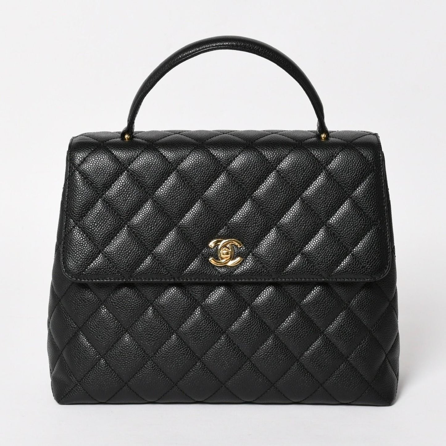 Chanel Quilted CC Logo CC Handbag Top Handle Turnlock Caviar Leather Black Gold