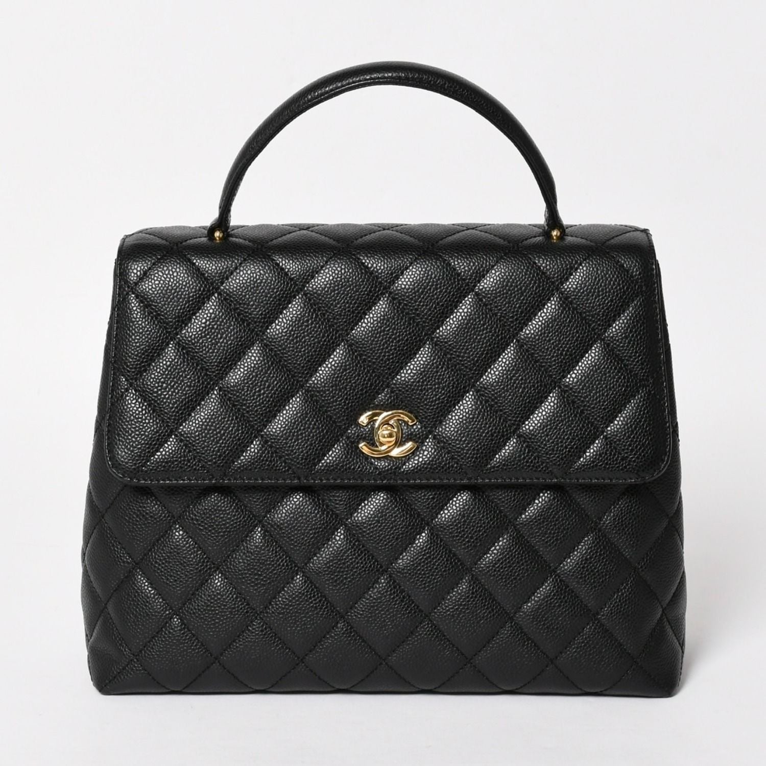 Chanel Quilted CC Logo CC Handbag Top Handle Turnlock Caviar Leather Black Gold