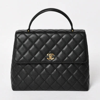 Chanel Quilted CC Logo CC Handbag Top Handle Turnlock Caviar Leather Black Gold