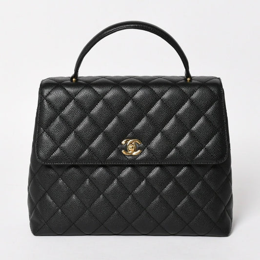 Chanel Quilted CC Logo CC Handbag Top Handle Turnlock Caviar Leather Black Gold