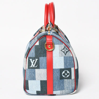 Louis Vuitton Speedy 30 Monogram Denim Square Patchwork Blue Red Gold Handbag — view 4