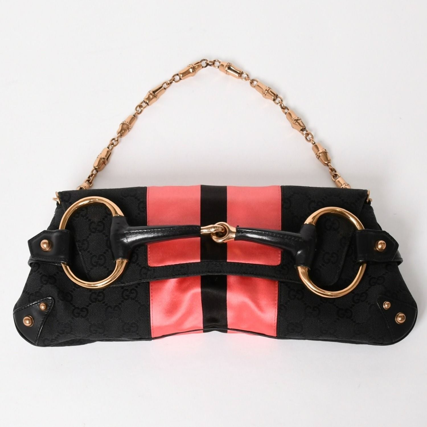 Gucci Horsebit Chain Clutch Shoulder Bag GG Canvas Silk Bamboo Black Pink Gold