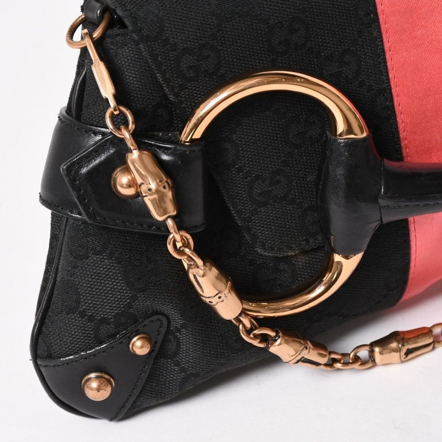 Gucci Horsebit Chain Clutch Shoulder Bag GG Canvas Silk Bamboo Black Pink Gold — view 5