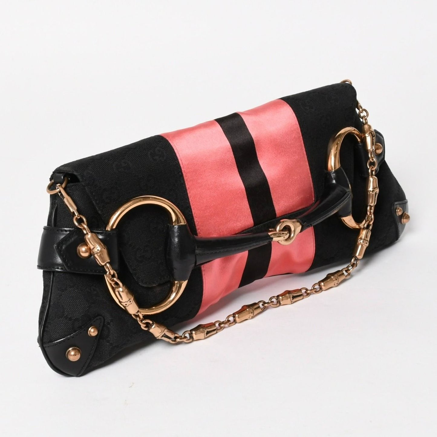 Gucci Horsebit Chain Clutch Shoulder Bag GG Canvas Silk Bamboo Black Pink Gold — view 4