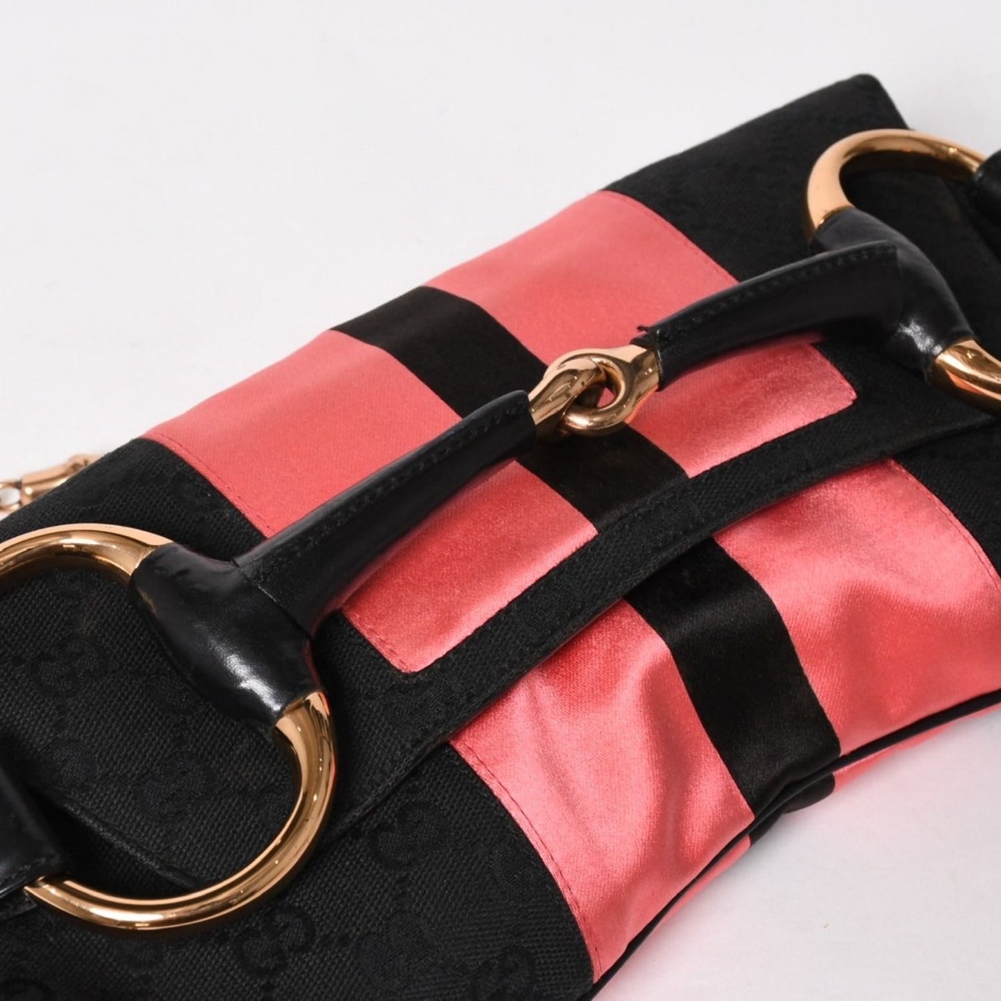 Gucci Horsebit Chain Clutch Shoulder Bag GG Canvas Silk Bamboo Black Pink Gold — view 8