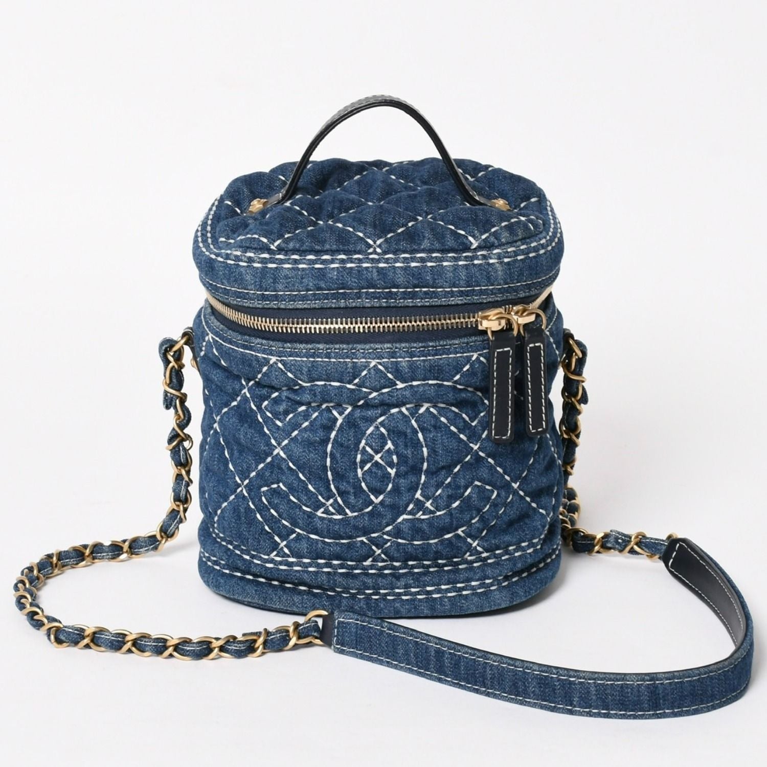 Chanel Vanity Chain Shoulder Bag CC Logo Denim Wild Stitch Gold