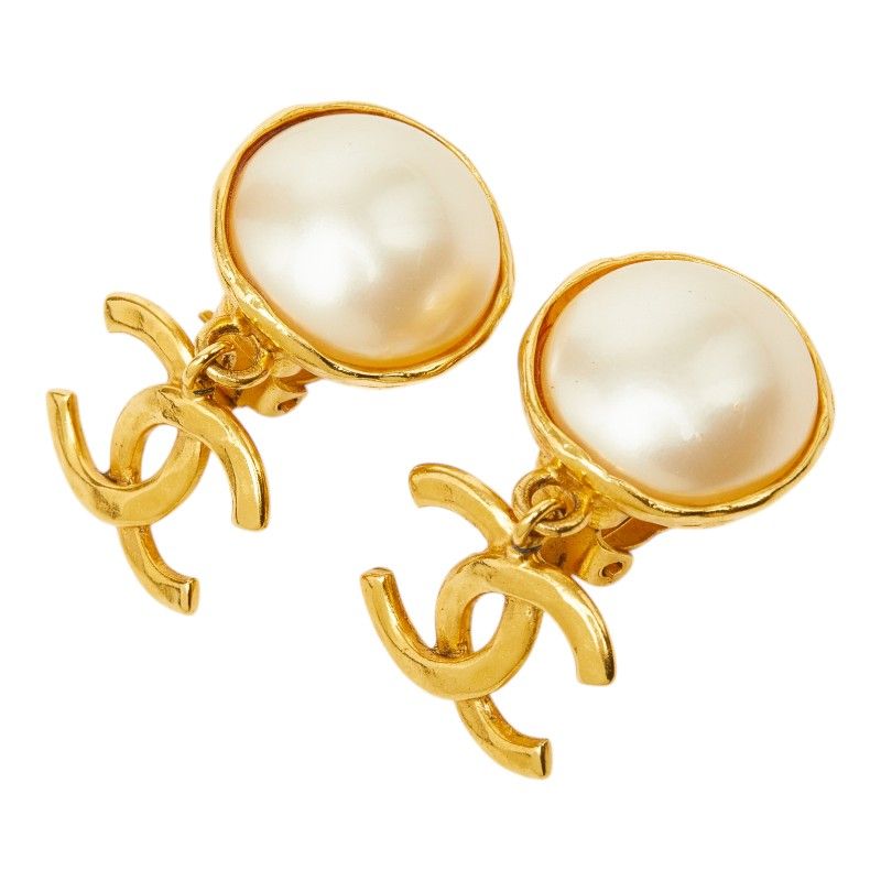 Chanel 95P CC Logo Vintage Swing Earrings 95 Gold Plated Faux Pearl — view 2